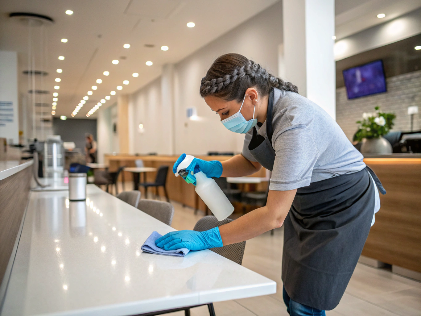 Expert cleaner performing detailed surface sanitization