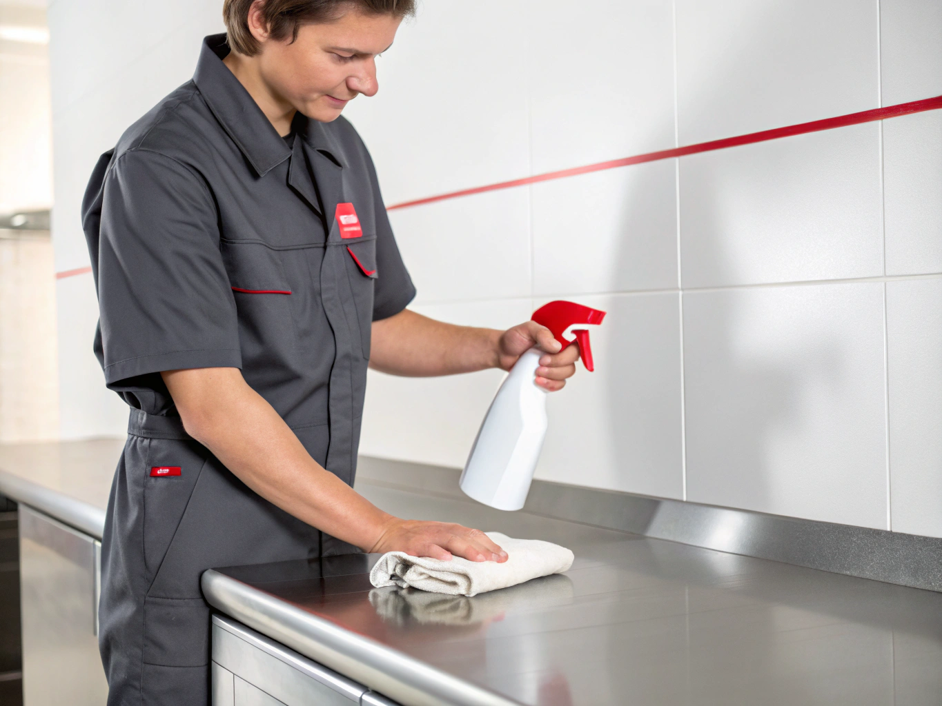 Professional cleaner sanitizing a surface with precision